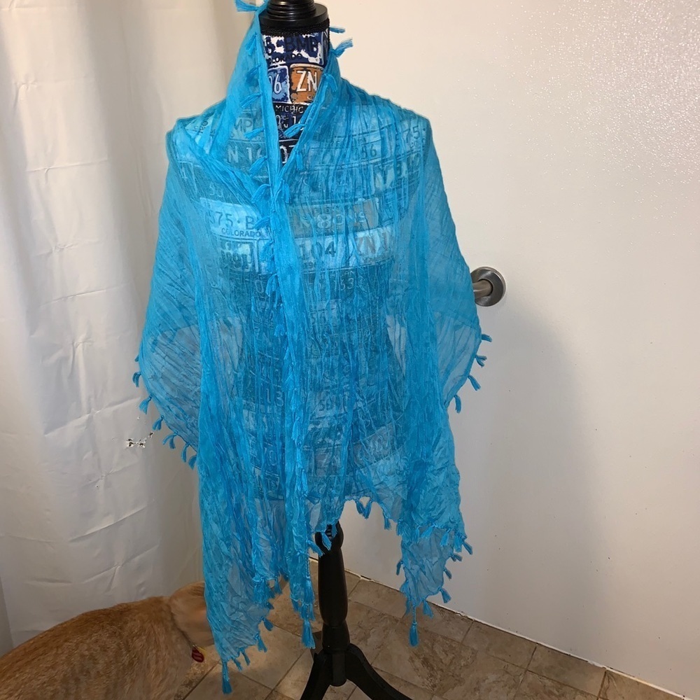 Boho Blue Tassel Wrap or Scarf - Gauzey/ Fun!!